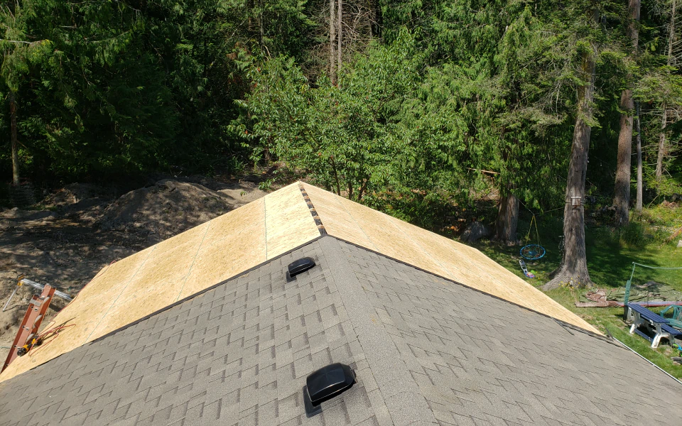 roofing installation of a house with trees around